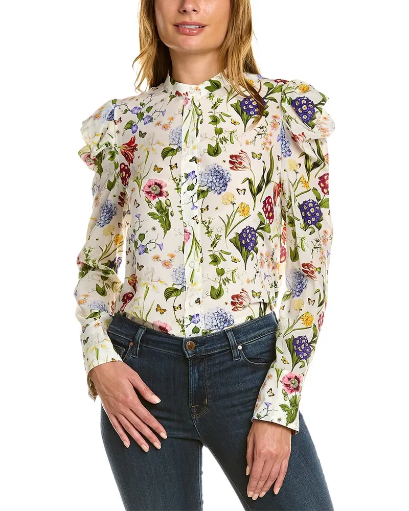 Oscar de la Renta Puff Sleeve Button Front Silk Top White
