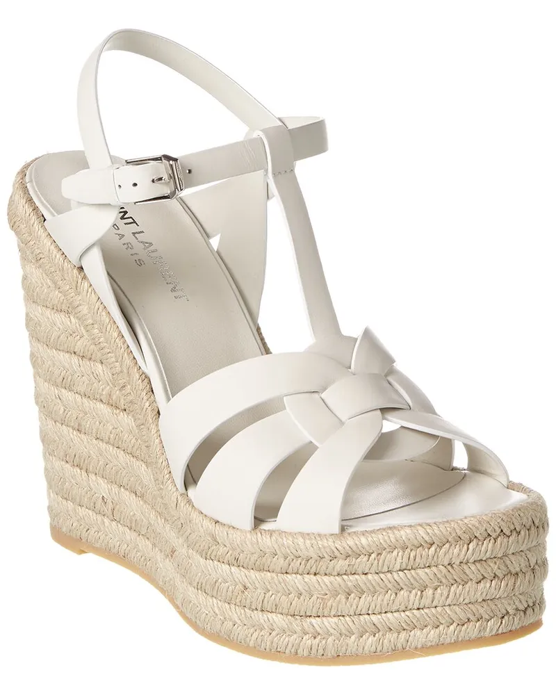 Saint Laurent Tribute 85 Leather Espadrille Wedge Sandal White