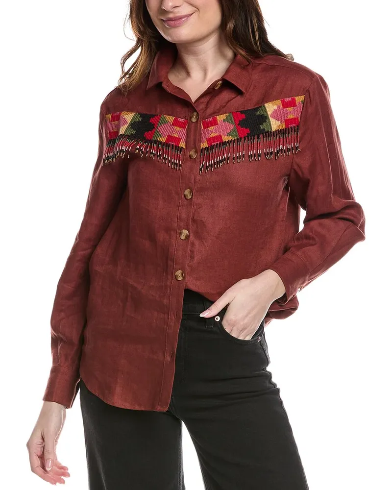 FARM Rio Beaded Fringe Linen Shirt Brown