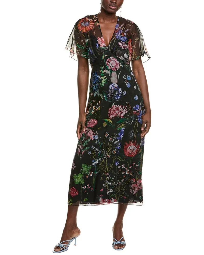 Lela Rose Cold-Shoulder Silk Midi Dress Black