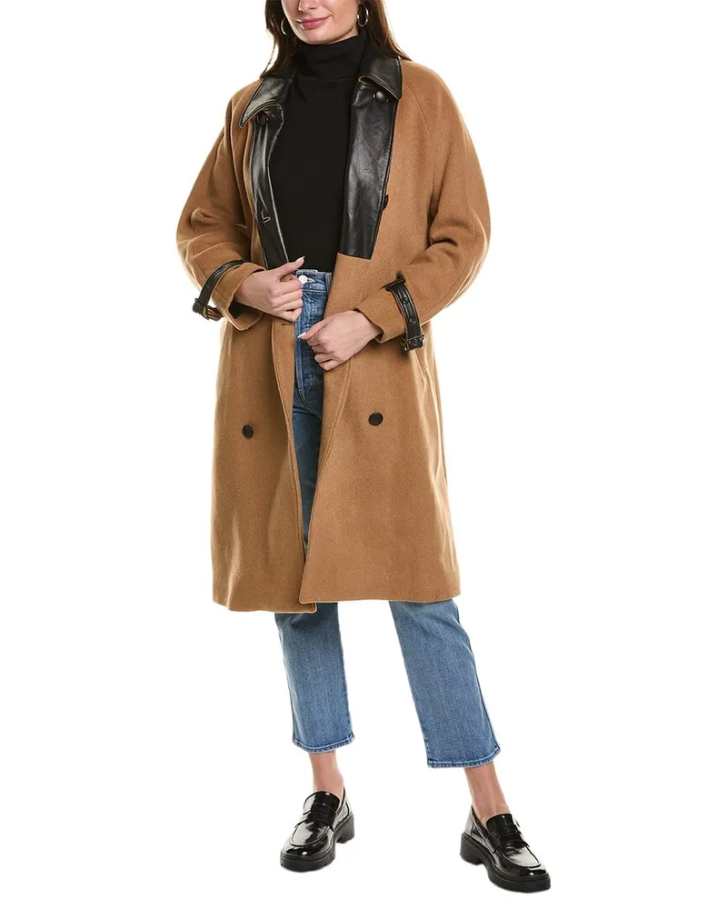 The Kooples Belted Leather-Trim Wool-Blend Coat Nocolor