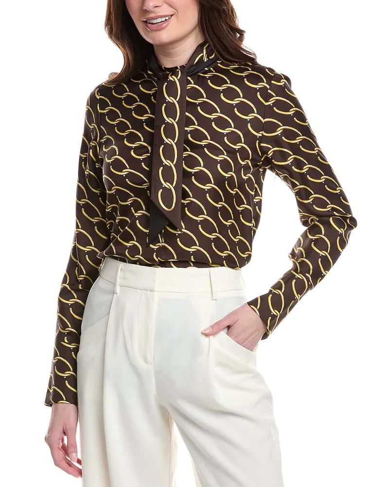 Oscar de la Renta Tie-Neck Chain Print Silk Blouse Brown