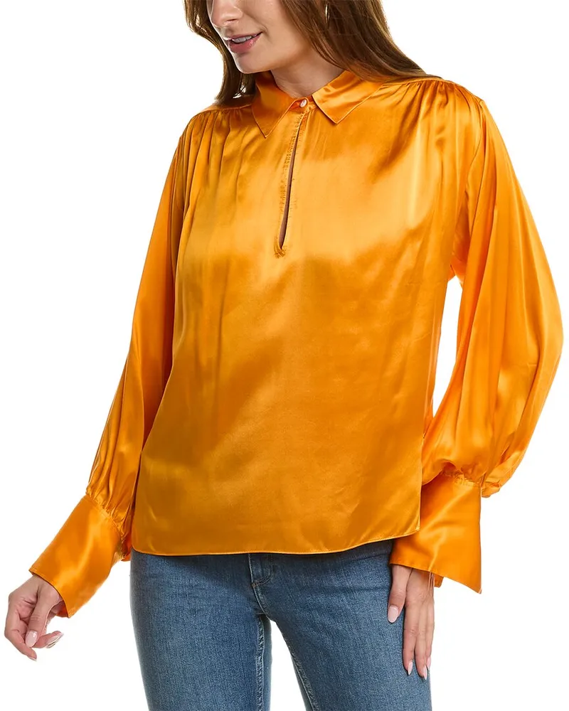 Frame Denim Satin Keyhole Silk Popover Top Orange
