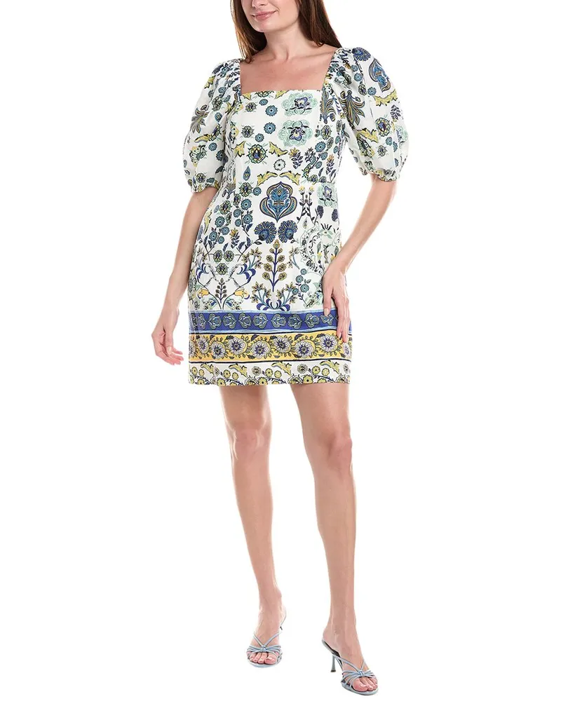 Anne Klein Puff Sleeve Linen-Blend Mini Dress White