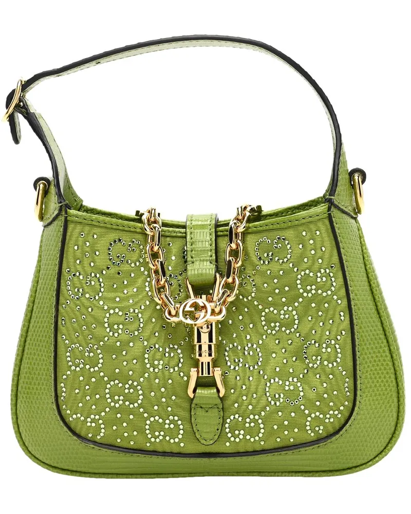 Gucci Green Monogram Coated Canvas Lizard Crystal Mini Jackie 1961 (Authentic Pre-Loved Nocolor