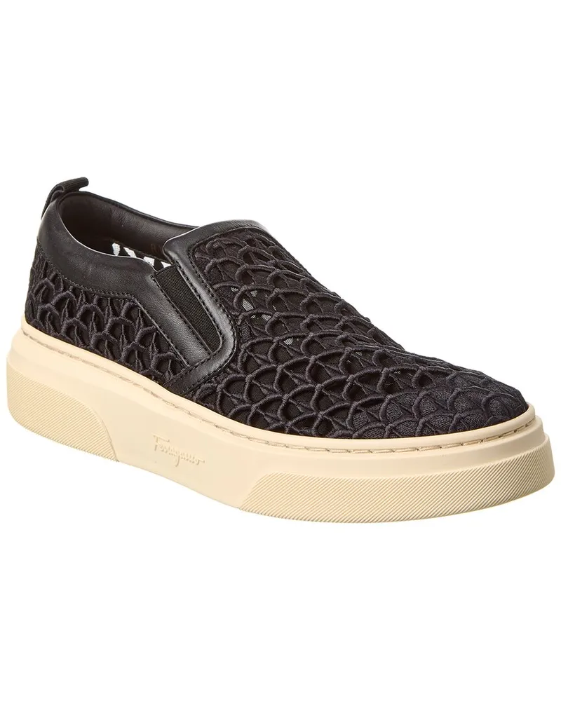 Ferragamo Cassina La Leather-Trim Slip-On Sneaker Black
