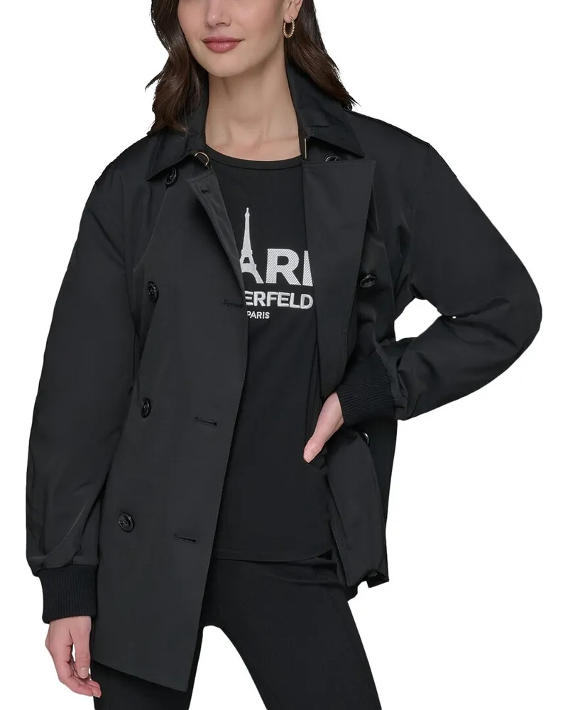 Karl Lagerfeld Short Bomber Sleeve Trench Coat Black