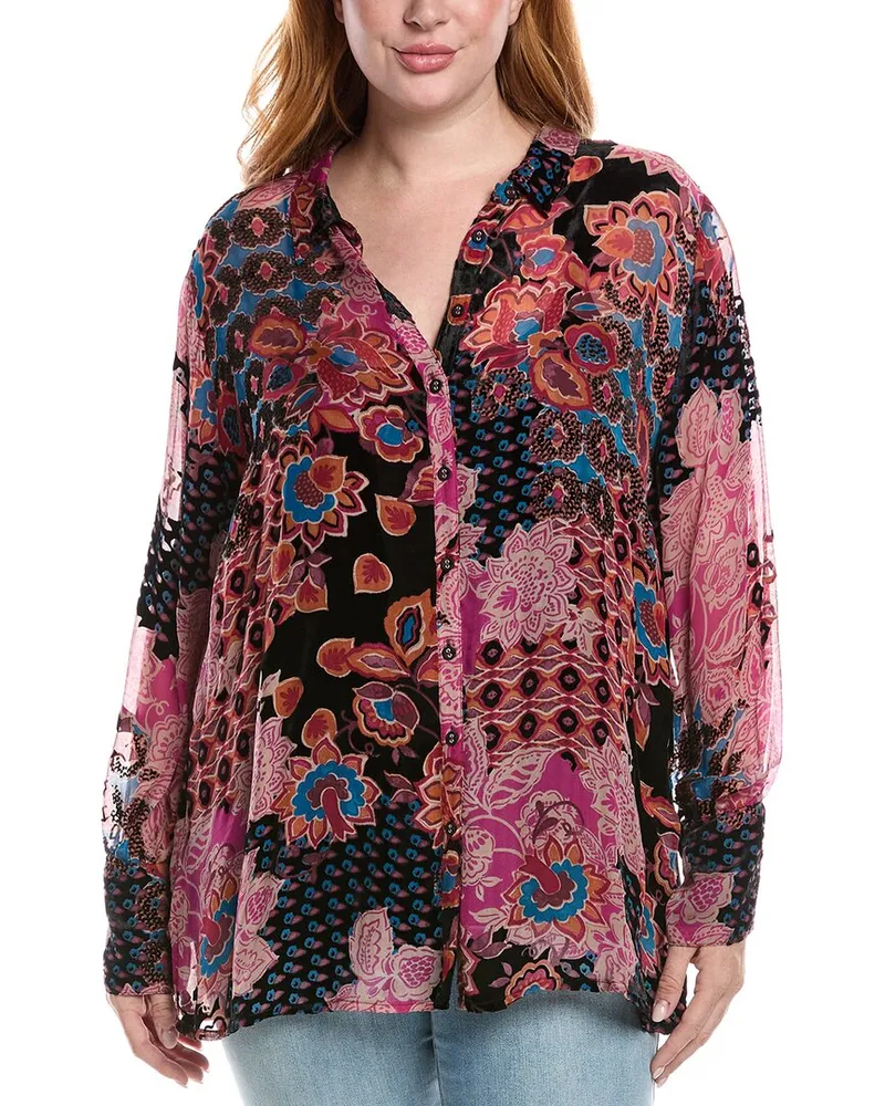 Johnny Was Plus Yrene Burnout Silk-Blend Blouse Pink
