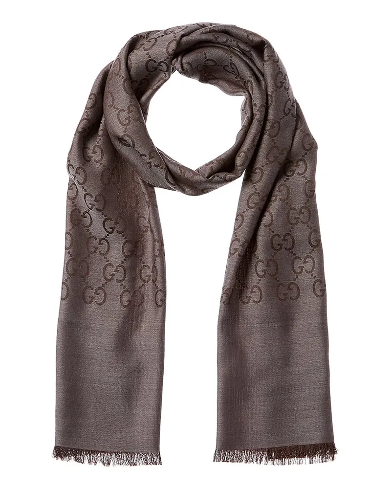 Gucci Logo Small Jacquard Wool & Silk-Blend Scarf Grey