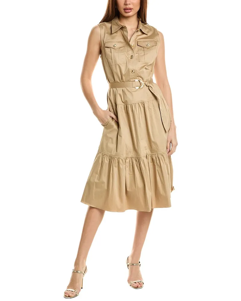 Elie Tahari Tiered Midi Dress Beige