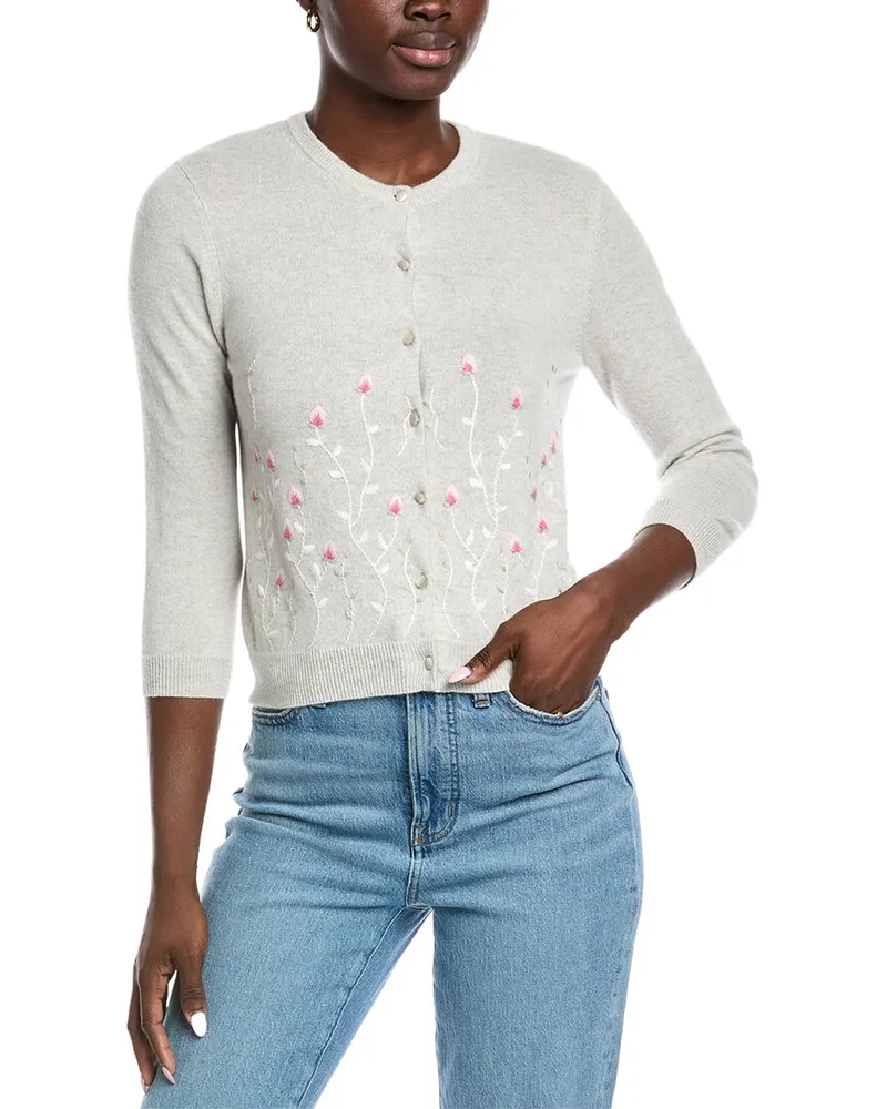 Autumn Cashmere Embroidered Floral Cashmere Cardigan Grey
