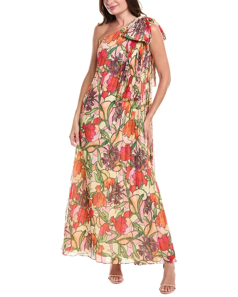 Badgley Mischka Pleated One-Shoulder Gown Red