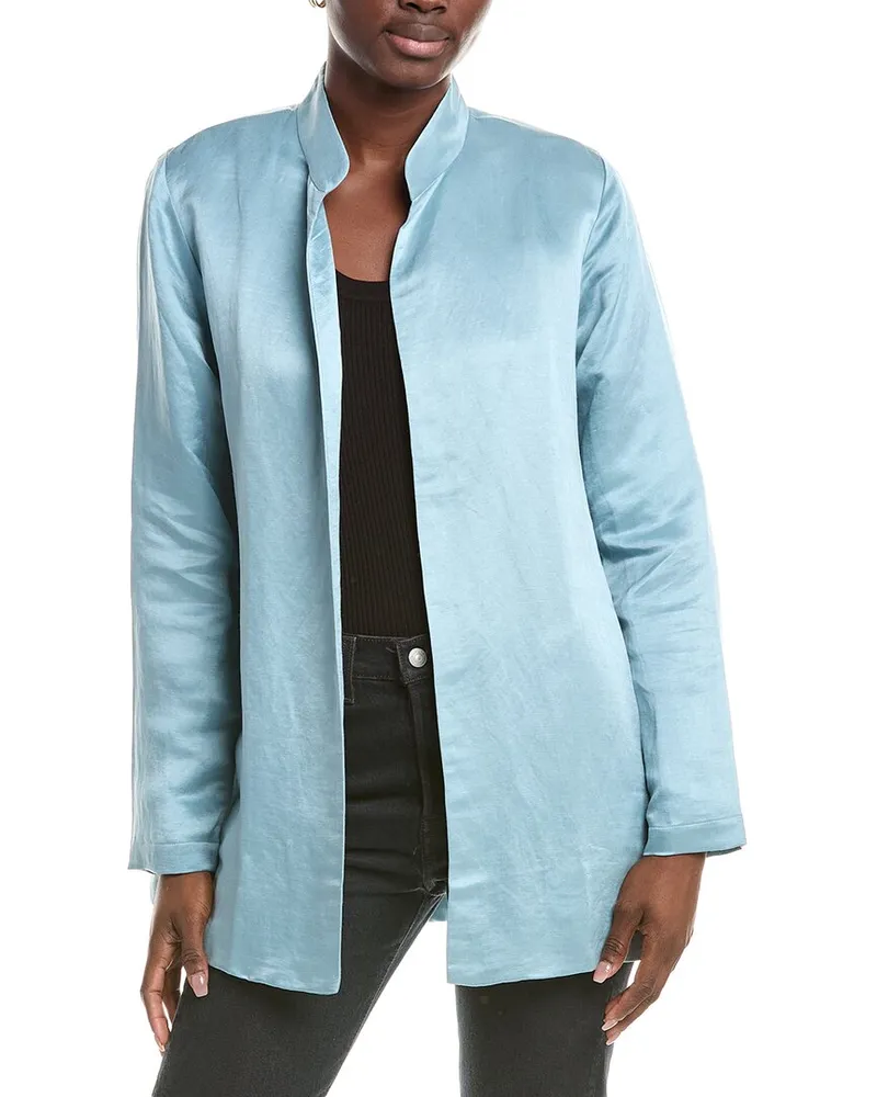 Eileen Fisher Stand Collar Linen & Silk-Blend Long Jacket Blue