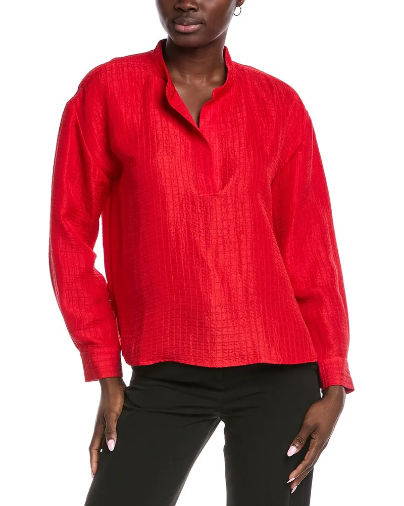 Eileen Fisher Mandarin Collar Silk & Linen-Blend Top Red