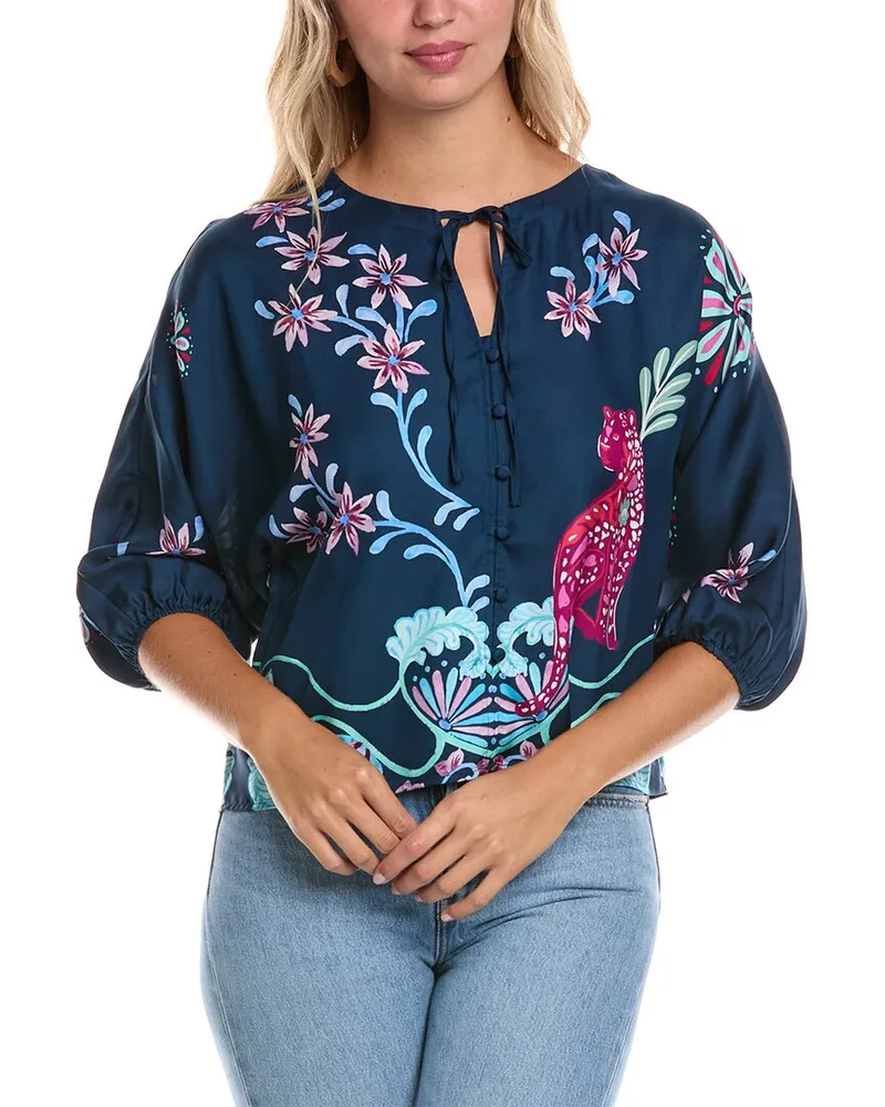 Johnny Was Petite Harlyn Button Front Silk-Blend Blouse Blue