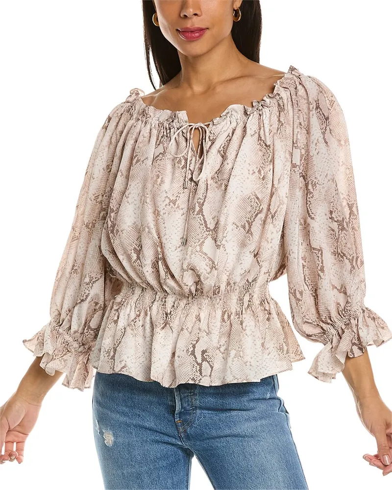 Elie Tahari Off-The-Shoulder Silk Blouse Beige
