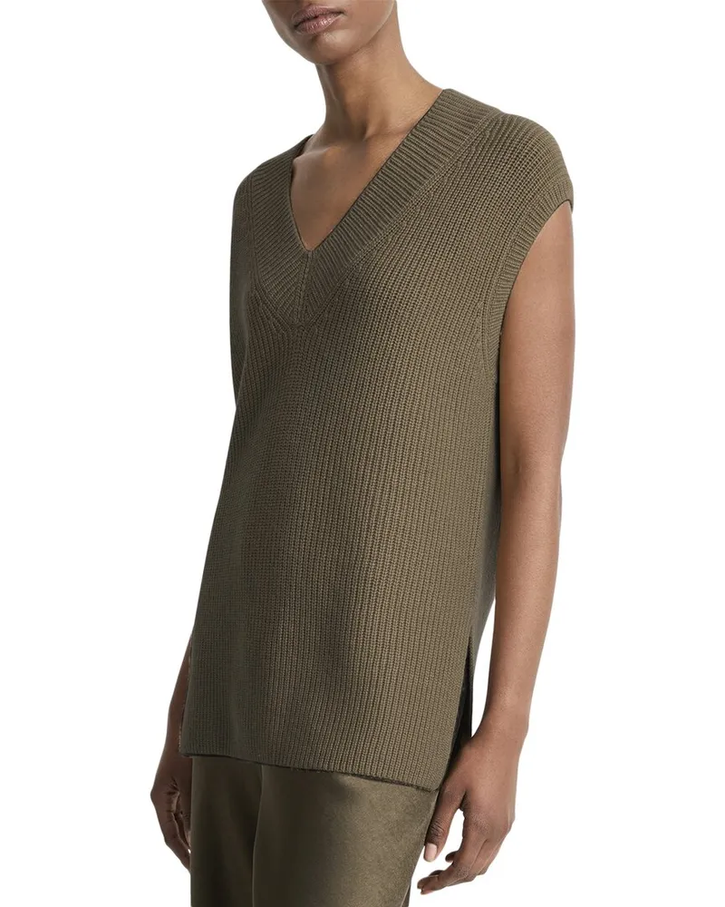 Vince Ribbed V-Neck Wool & Cashmere-Blend Vest Green