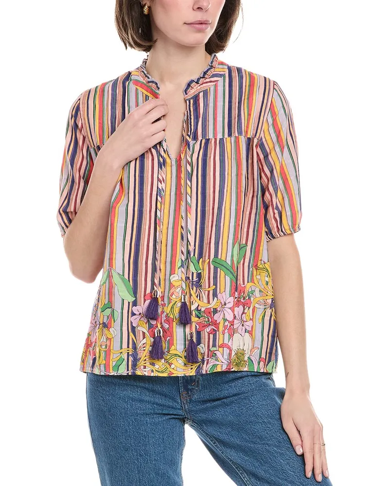 Johnny Was Aldrich Stripe Pleated Yoke Linen-Blend Blouse Pink