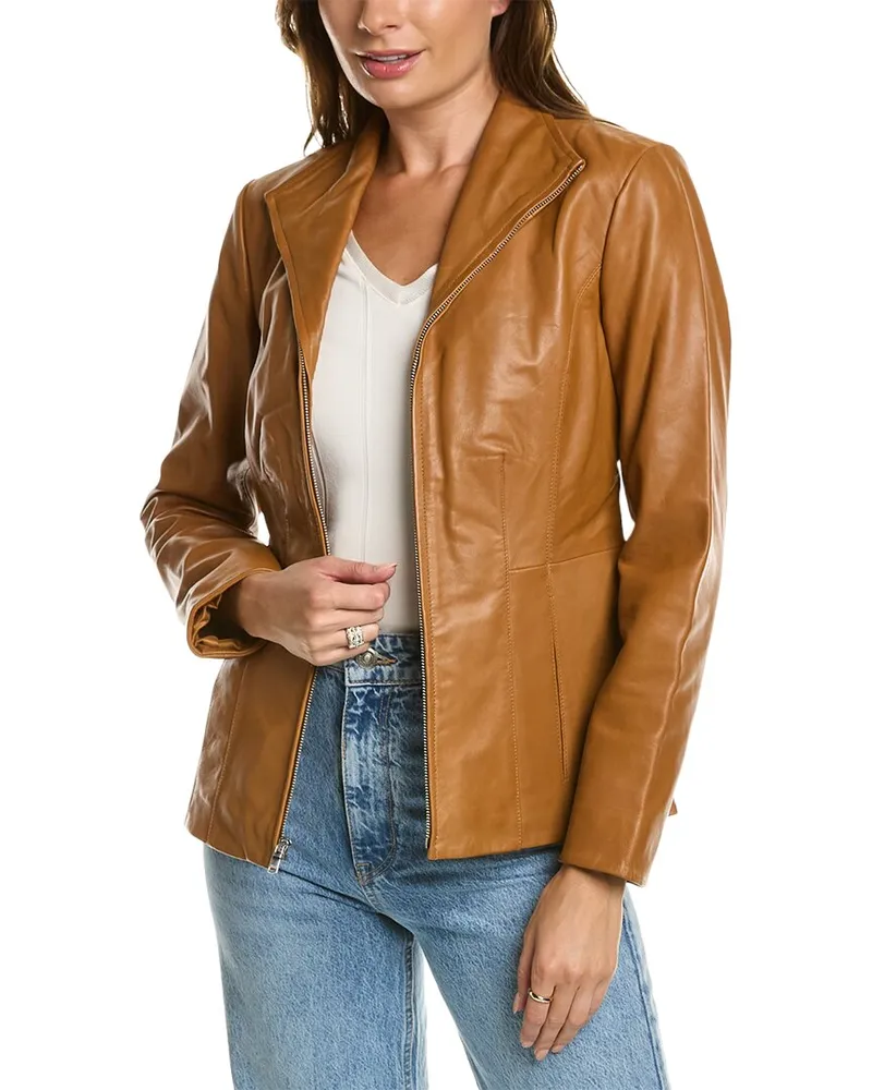 COLE HAAN Leather Zip Front Jacket Brown
