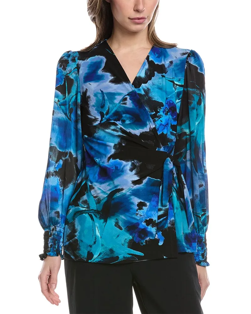 Anne Klein Contrast Sleeve Wrap Top Blue