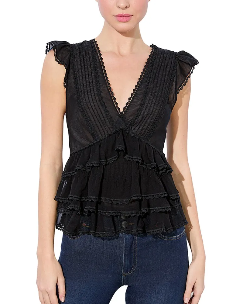 Alice + Olivia Blanche V Neck Ruffle Silk-Blend Swing Top Black