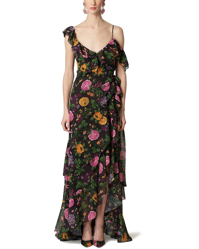 Carolina Herrera New York One Shoulder Cap Sleeve Ruffle Gown Black