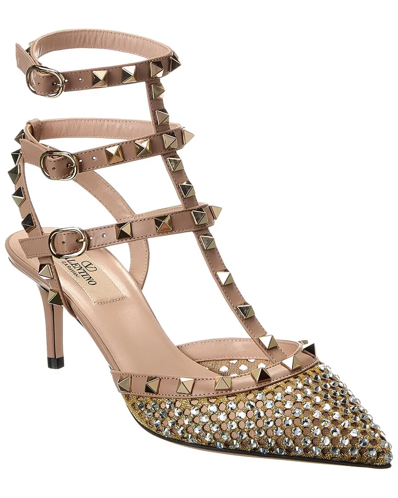 Valentino Garavani Rockstud Caged 65 Mesh & Leather Ankle Strap Pump Pink