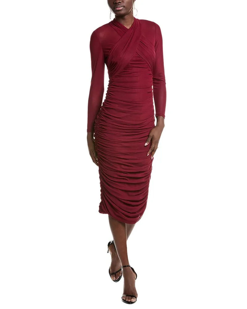 Kenneth Cole Mesh Ruched Midi Dress Red