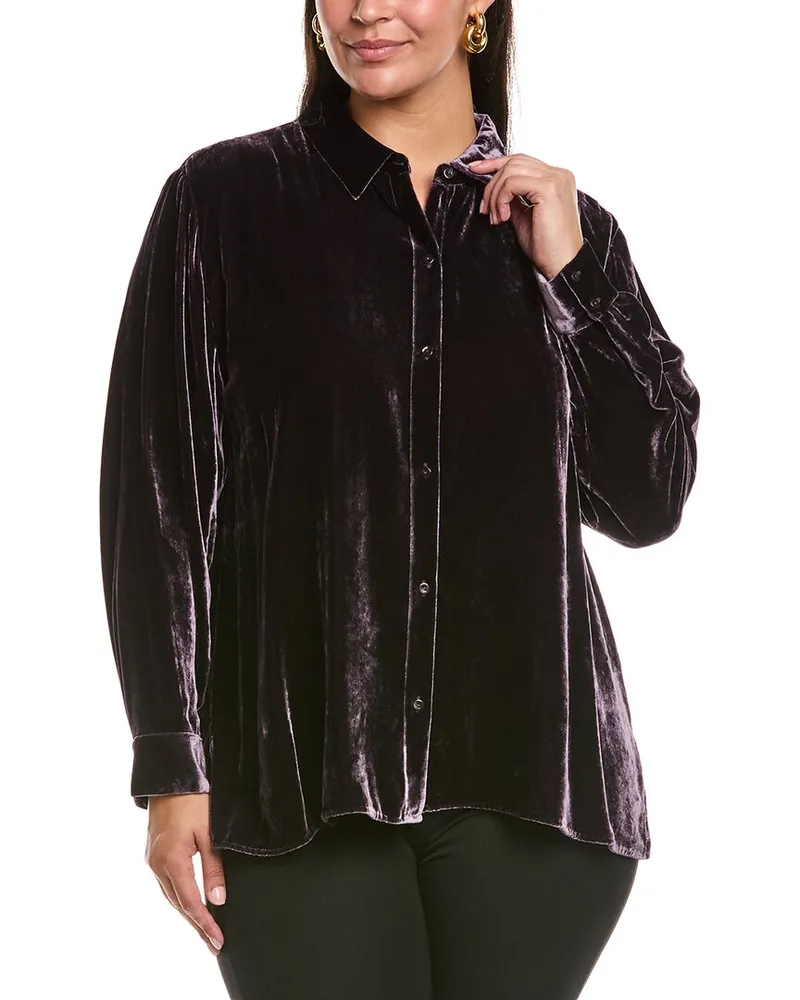 Eileen Fisher Plus Classic Collar Velvet Silk-Blend Shirt Purple