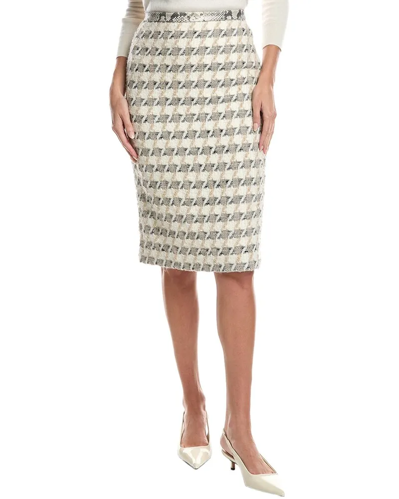 ST. JOHN Houndstooth Tweed Leather-Trim Wool-Blend Skirt Beige