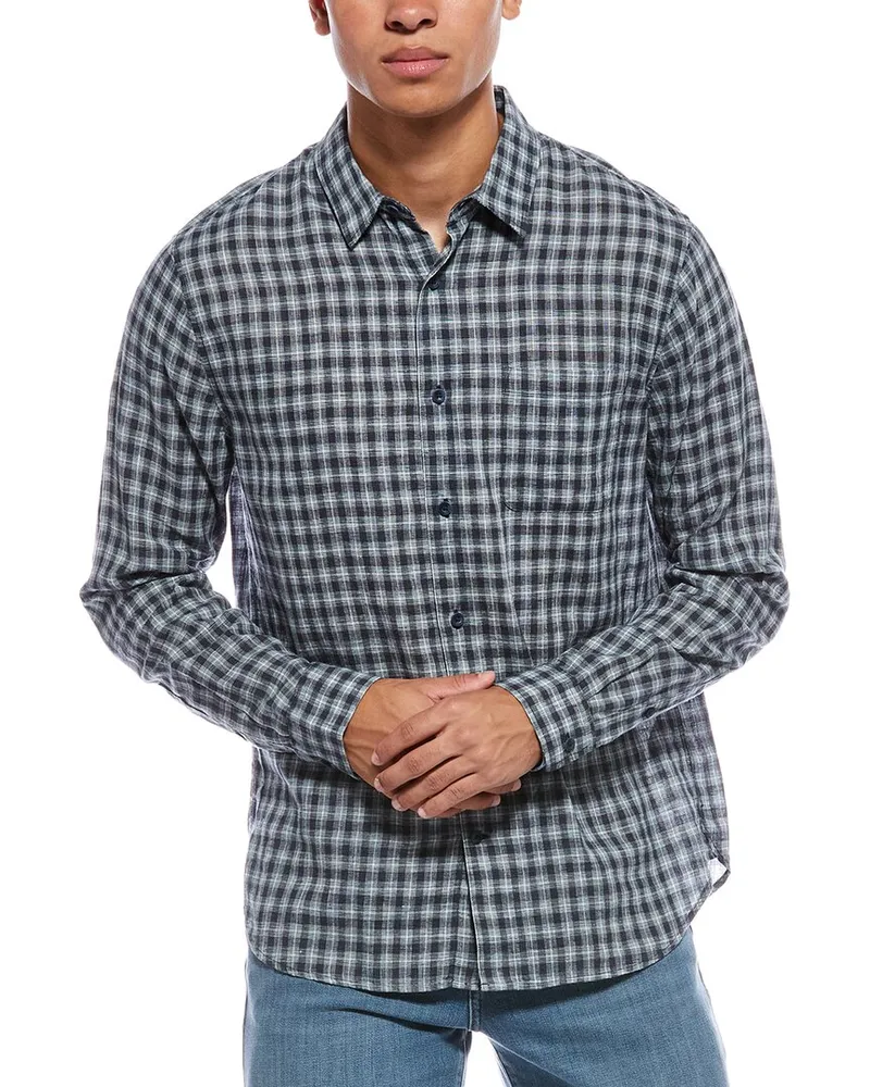 Vince Summit Plaid Linen-Blend Shirt Blue