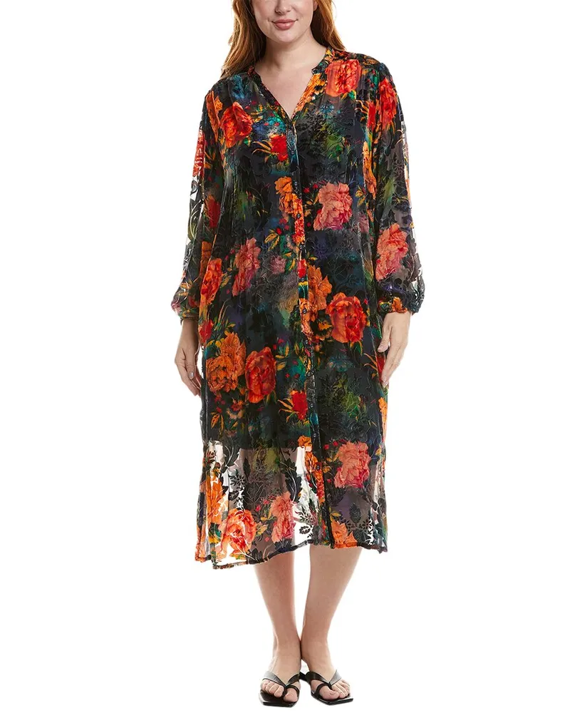 Johnny Was Plus Renna Burnout Velvet Silk-Blend Shirtdress Black