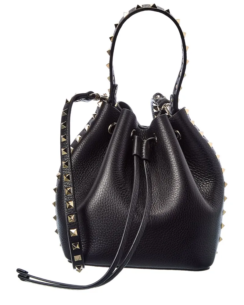 Valentino Garavani Rockstud Grainy Leather Bucket Bag Black