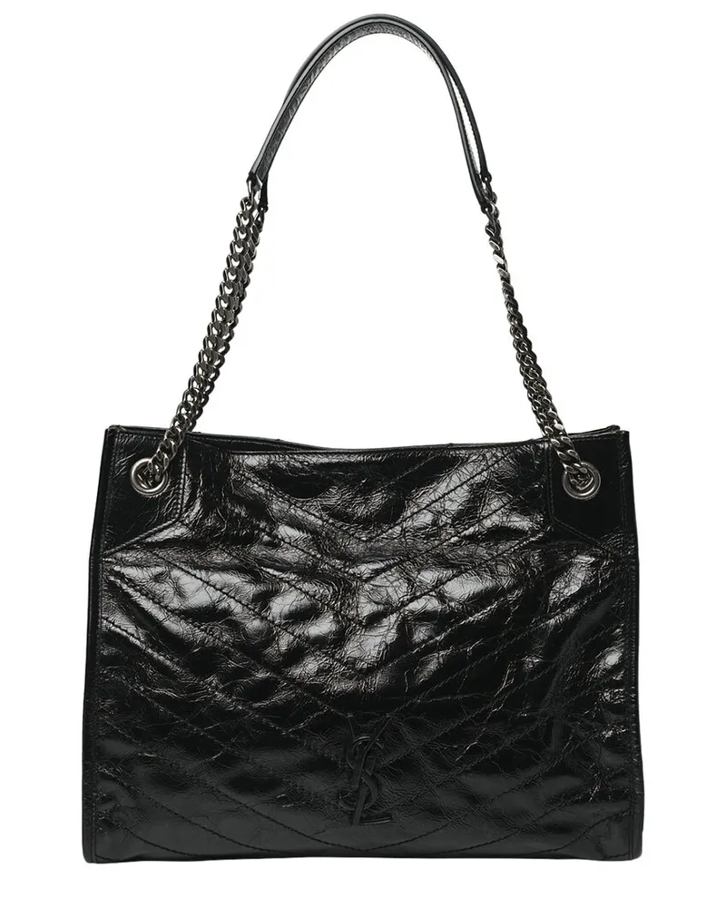 Saint Laurent Black Cracked Calfskin Leather Medium Niki Shopper Tote  (Authentic Pre-Loved Nocolor