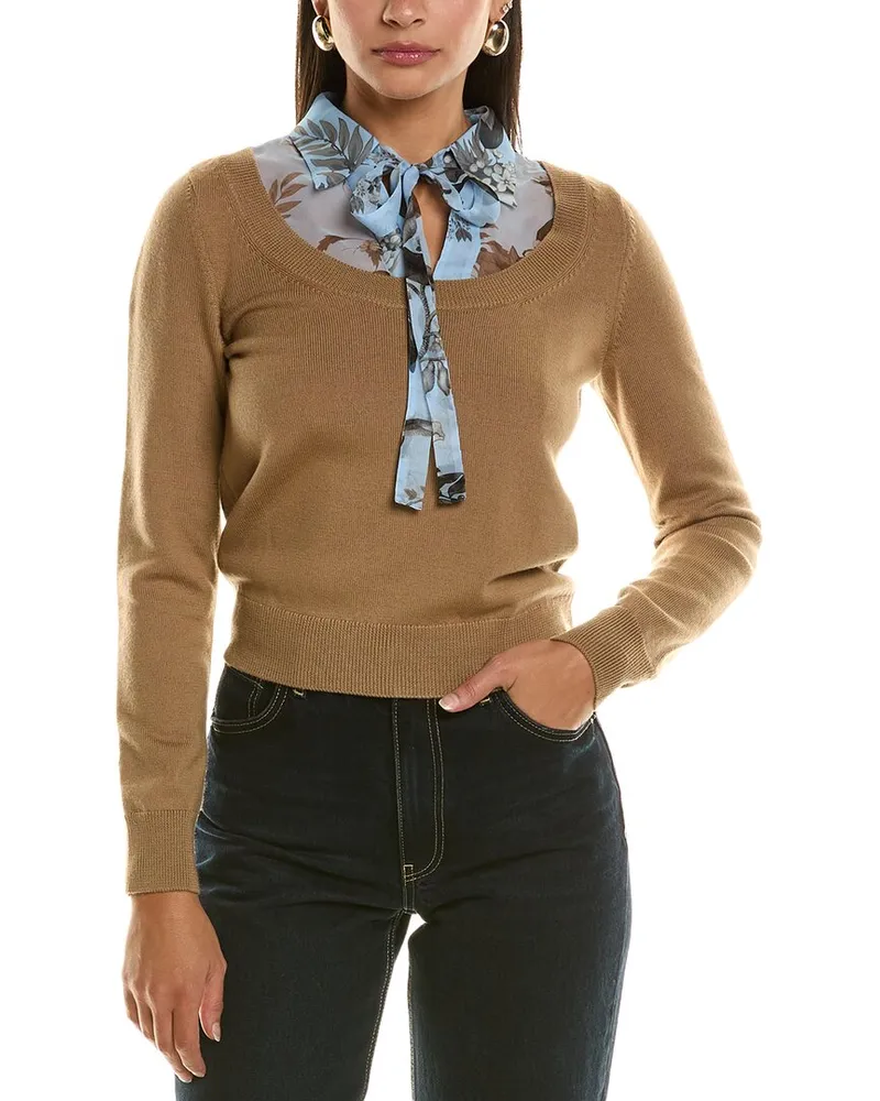 Oscar de la Renta Floral Wool Pullover Brown