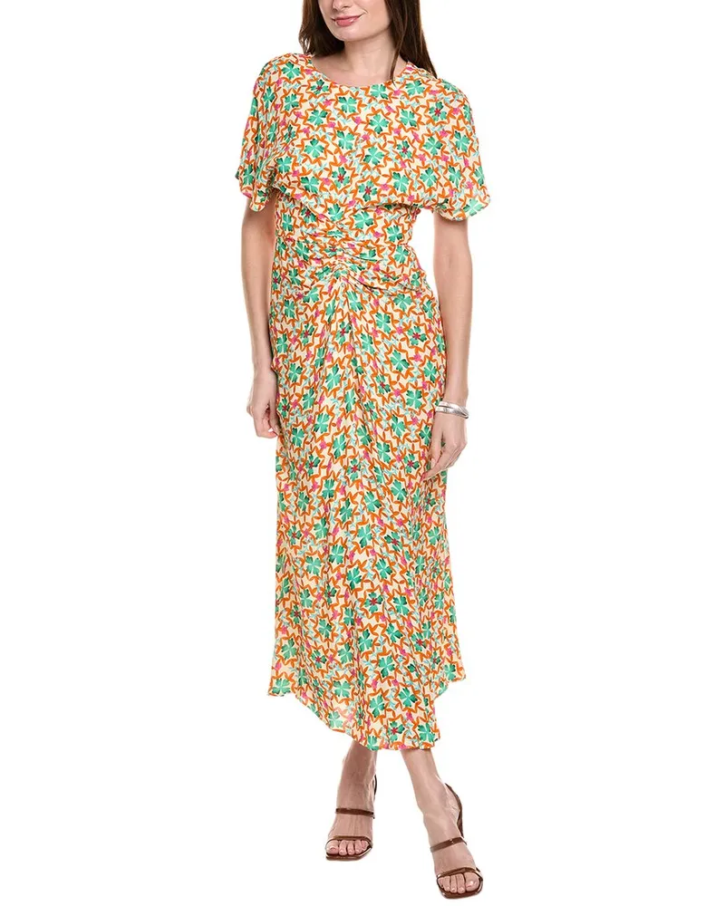 Saloni Ruched Front Midi Dress Beige