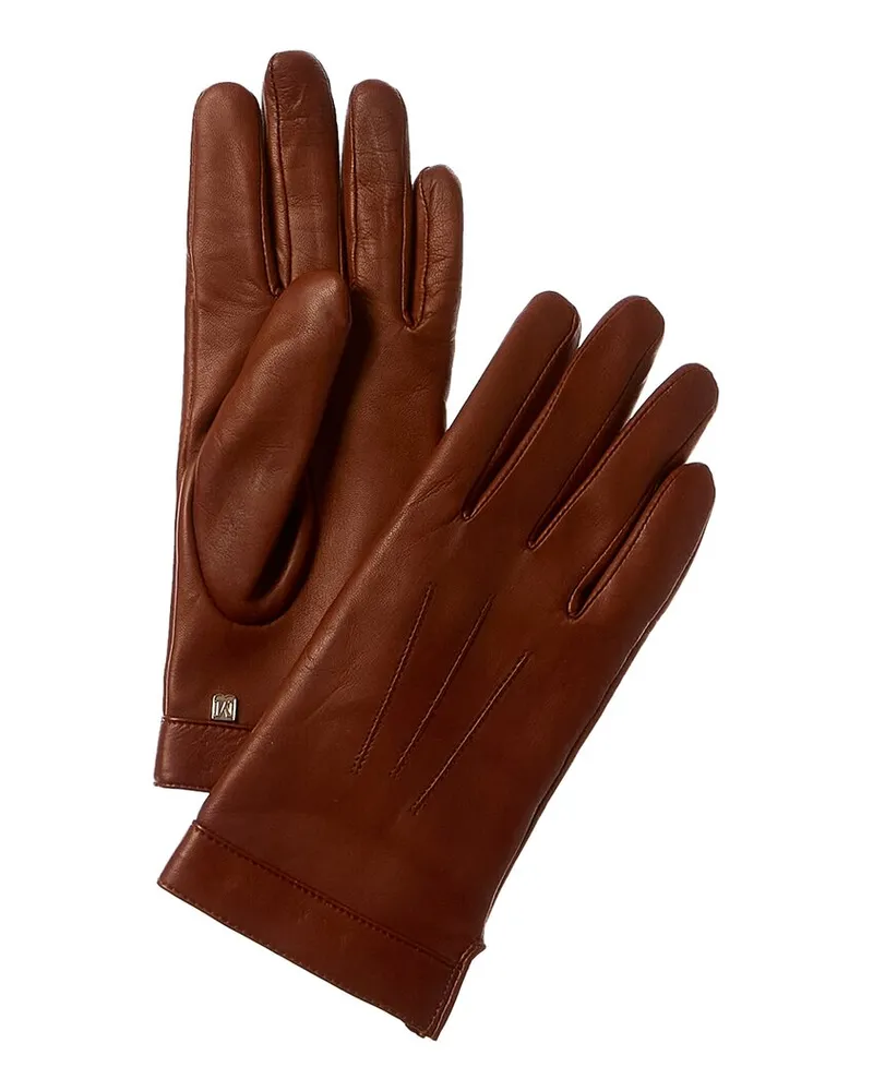 Bruno Magli Logo Cuff Cashmere-Lined Leather Gloves Brown