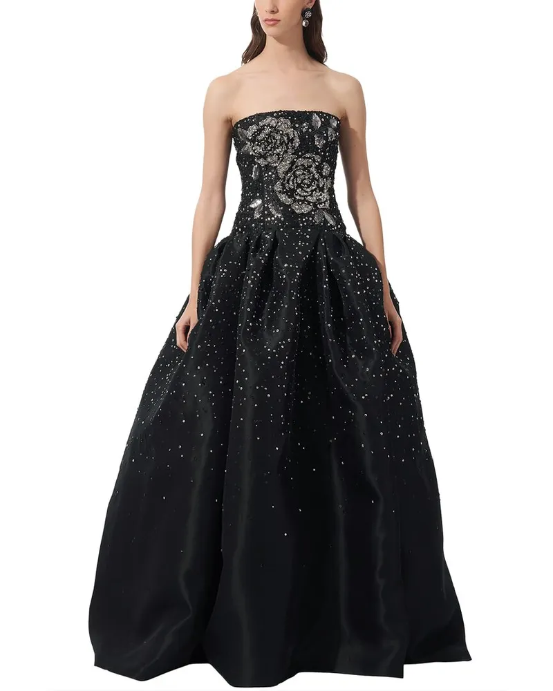 Carolina Herrera New York Rose Embellished Strapless Drop-Waist Silk Gown Black