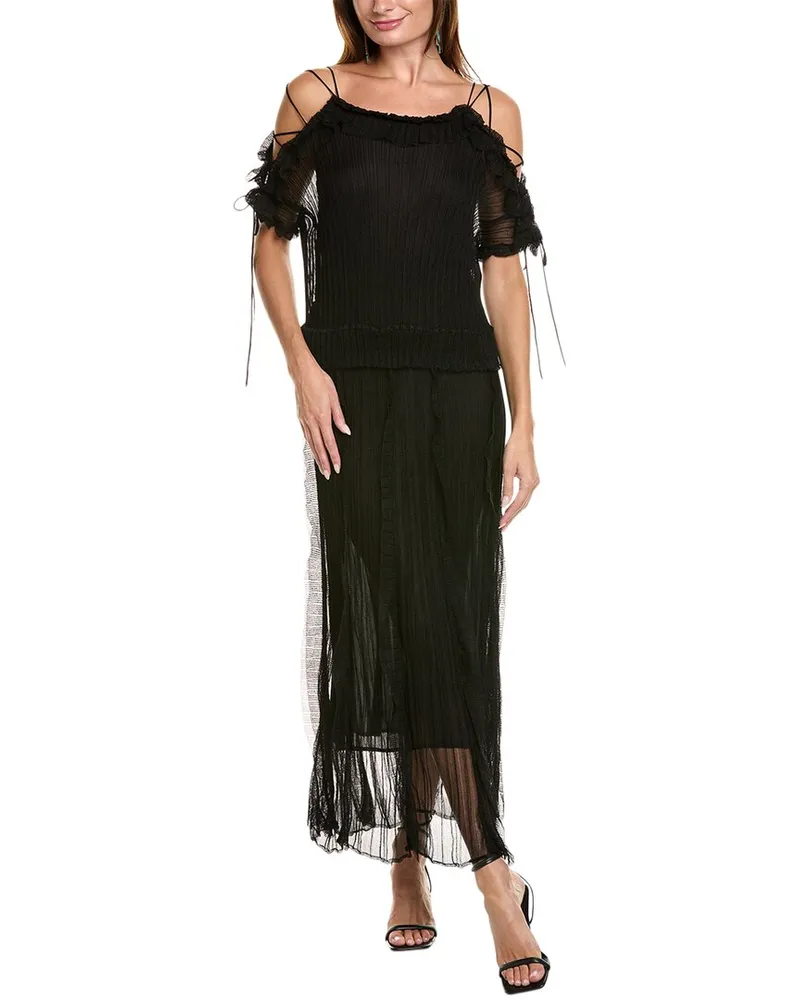 Valentino Garavani Pleated Cold-Shoulder Silk-Blend Maxi Dress Black