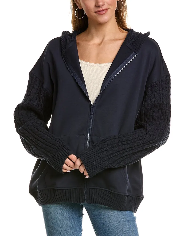 WeWoreWhat Cable Knit Sleeve Zip-Up Hoodie Blue