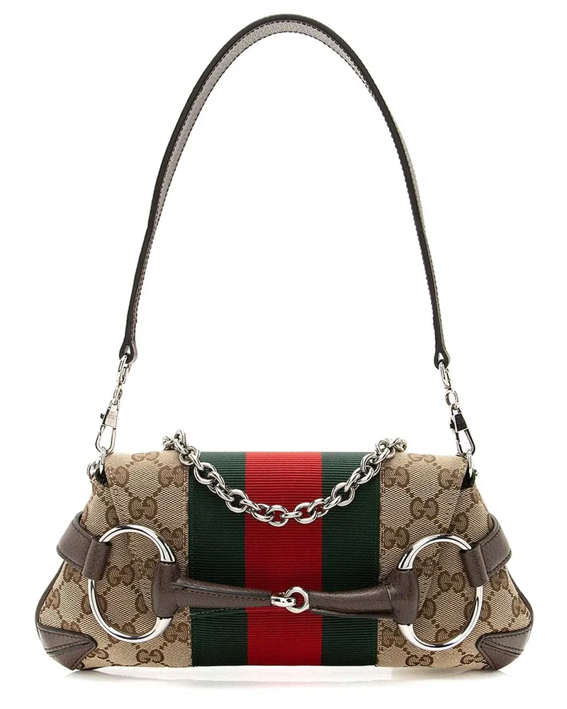 Gucci Brown GG Canvas Horsebit Web Chain Small Shoulder Bag (Authentic Pre-Loved Nocolor