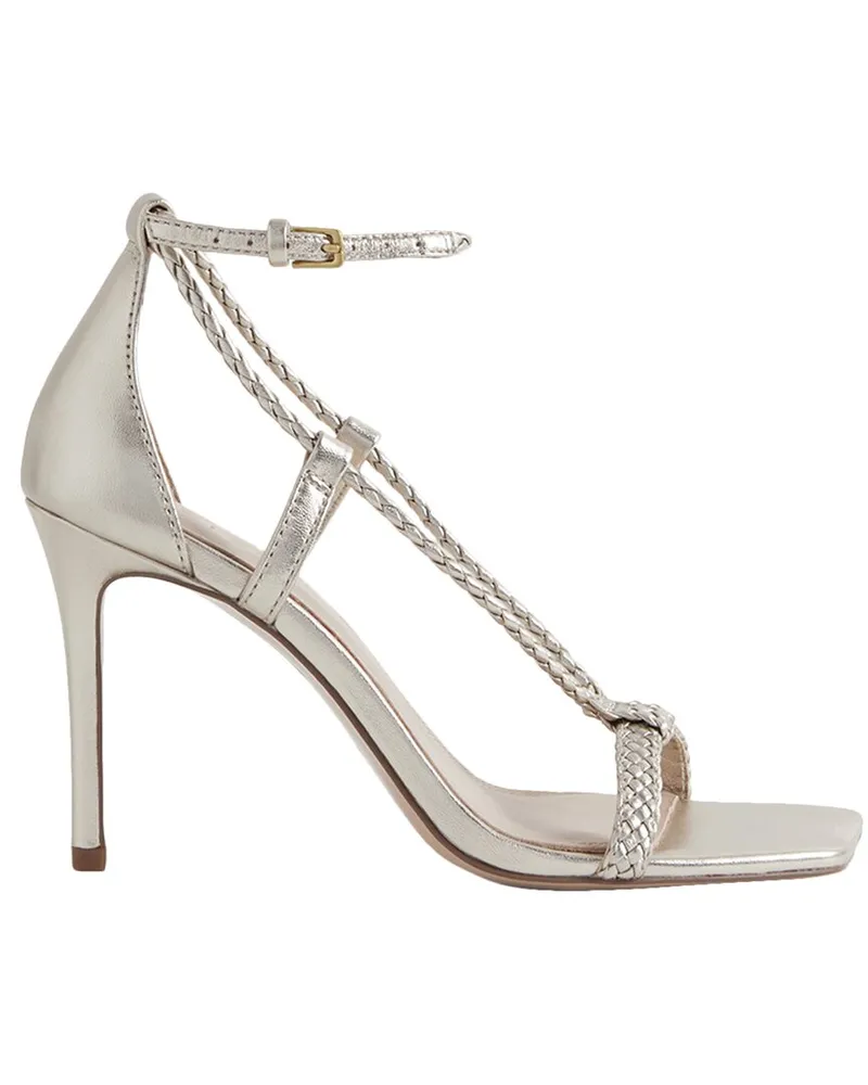 Reiss Paige Leather Plait Strap Heel Sandal Metallic