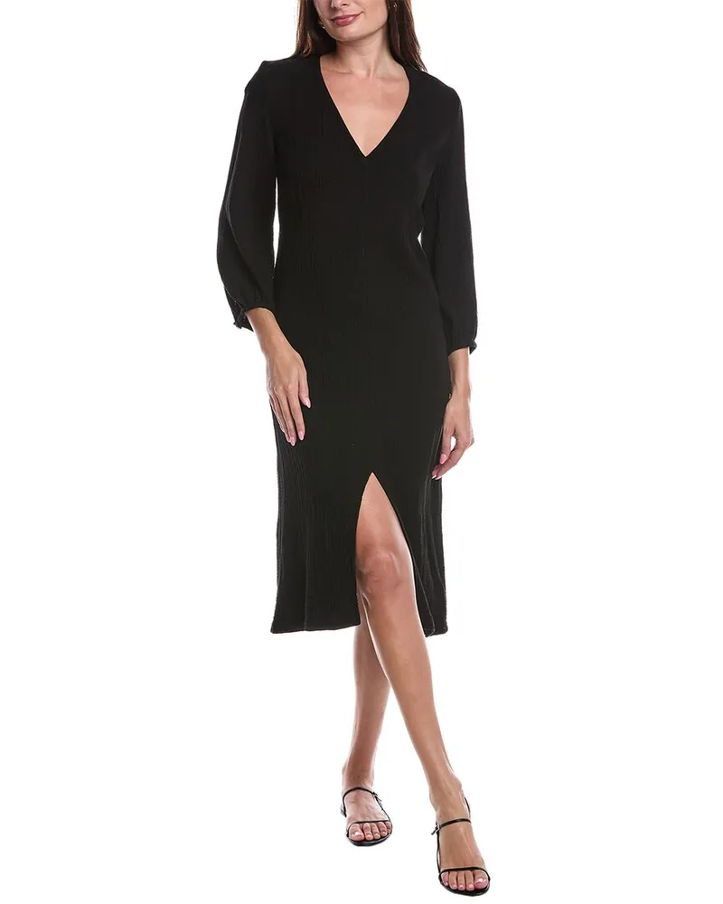 Nation Ltd Olpa Ballon Sleeve V-Neck Midi Dress Black