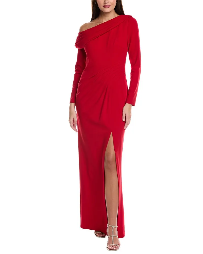 Tadashi Shoji Pleated Off-The-Shoulder Gown Red