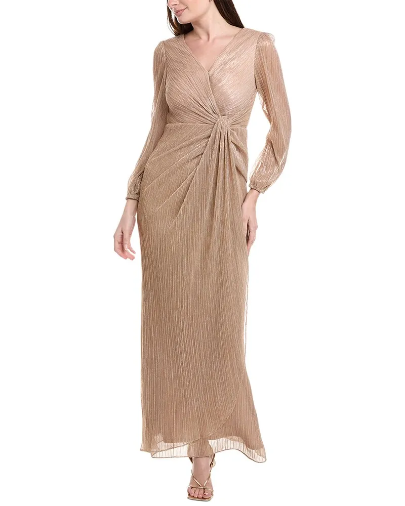 Adrianna Papell Metallic Mesh Draped Gown Gold