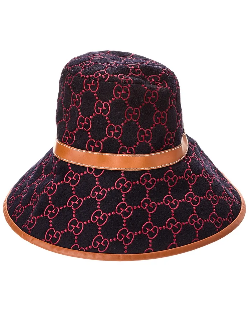 Gucci Logo Print Leather-Trim Wool-Blend Hat Blue