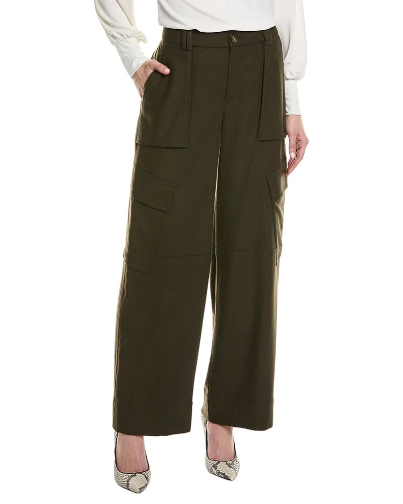 Vince Flannel Wide Leg Raver Wool-Blend Pant Green