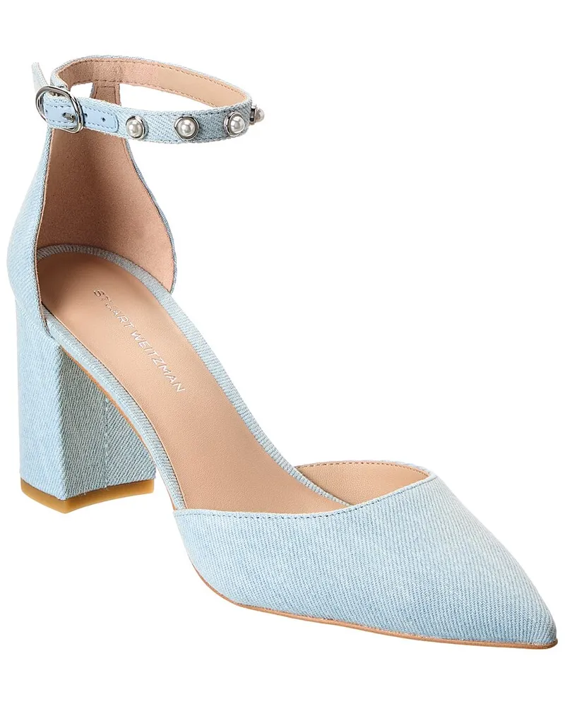 Stuart Weitzman Pearl Strap Block 75 Denim Pump Blue