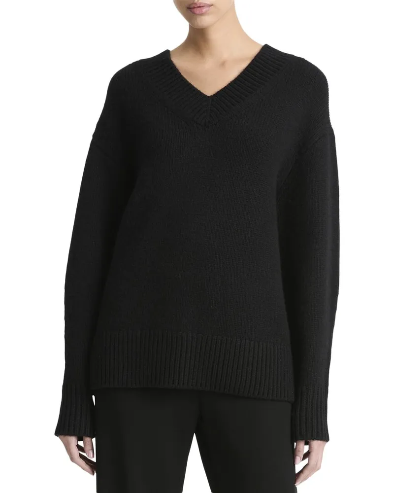 Vince Dropped-Shoulder V-Neck Wool & Cashmere-Blend Top Black
