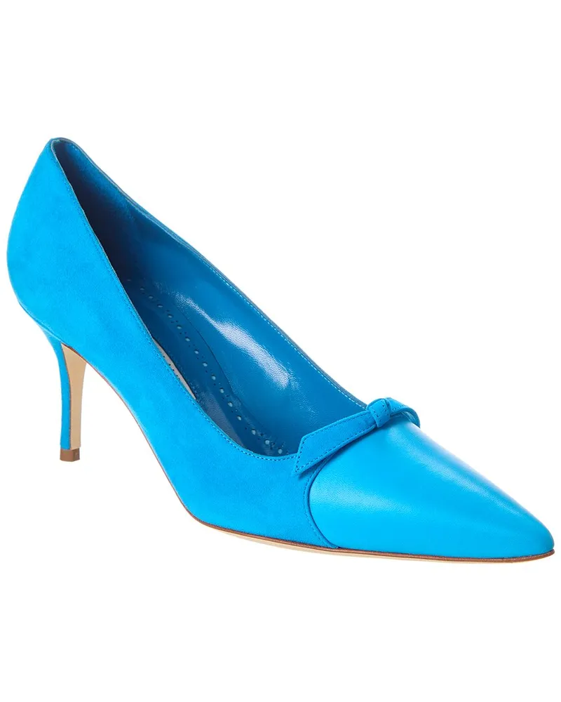 Manolo Blahnik Rinialo Bow 70 Suede & Leather Pump Blue